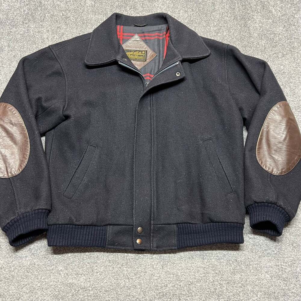 Eddie Bauer Men's Wool Bomber Jacket Leather Elbow Patches Plaid Lined L